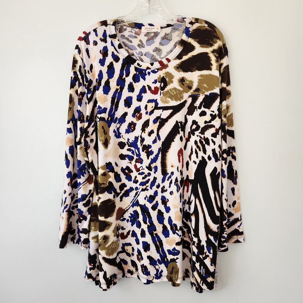 Jess & Jane Top Women 1X Tan Black Abstract Tunic Boho Chic Classic Cottagecore